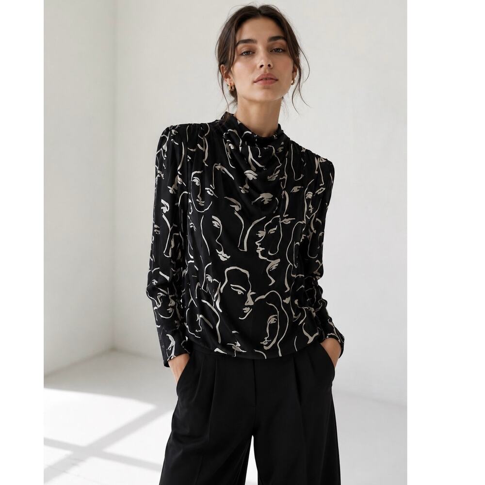 Zara Blouse Top Women’s XS Modern Abstract Face Print Zipper Back Long Sleeve